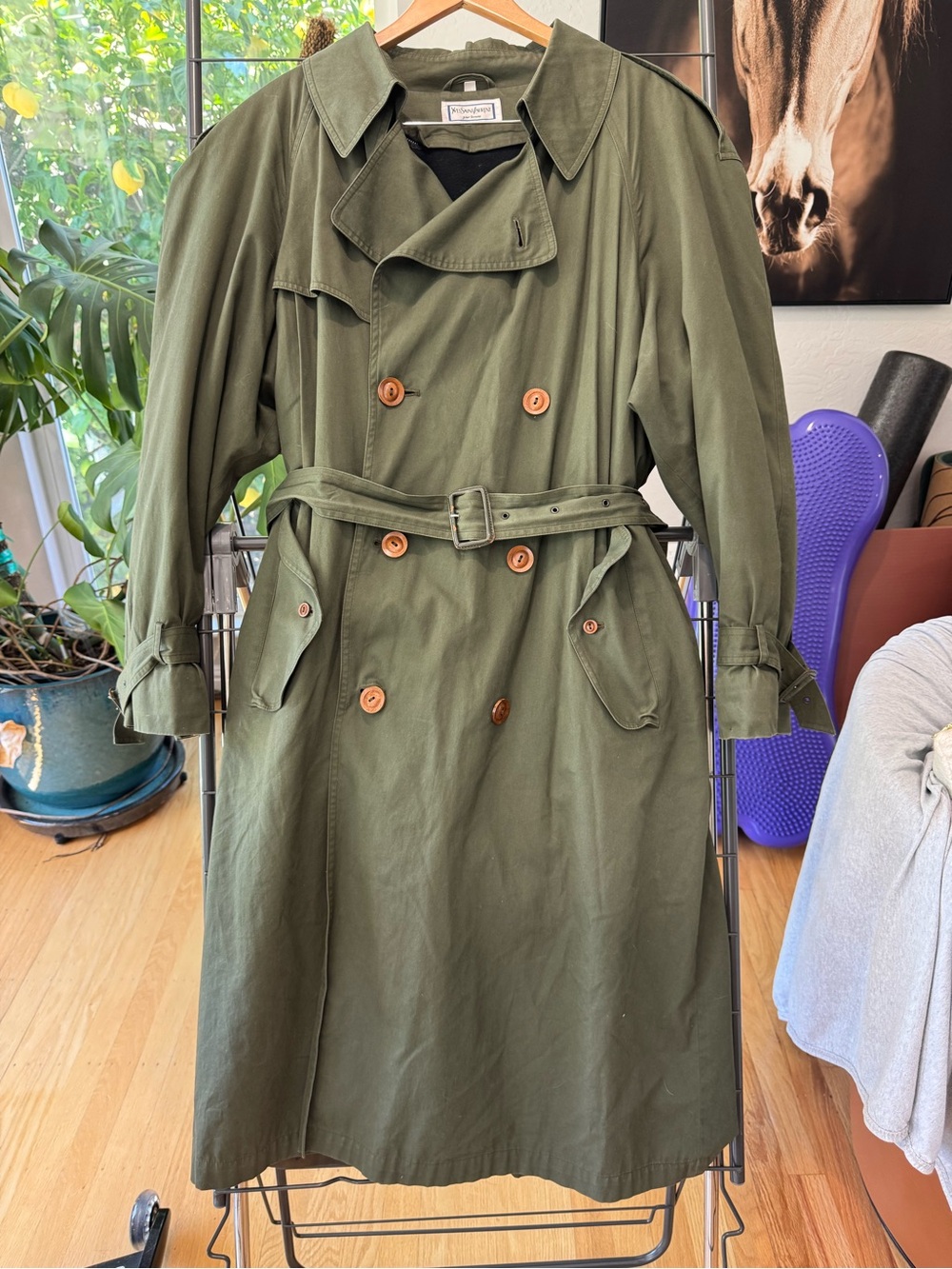 Vintage Yves Saint Laurent Olive Green Double-Breasted Trench Coat